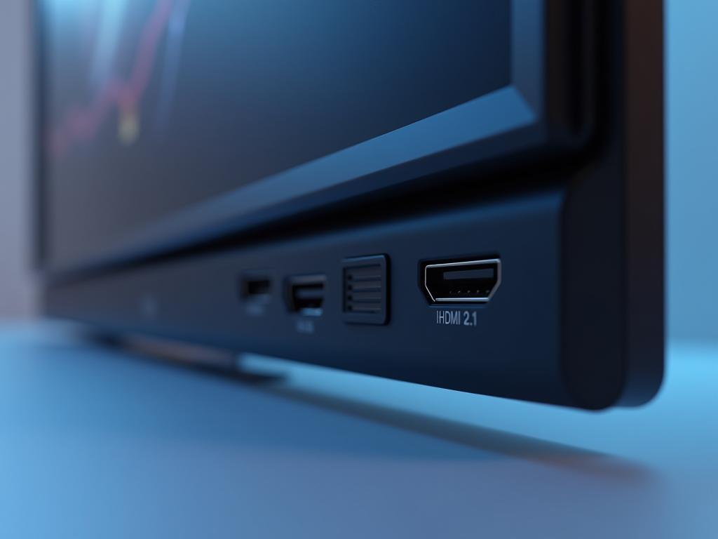 Detailed angled view of AuraVision Smart TV highlighting connectivity ports